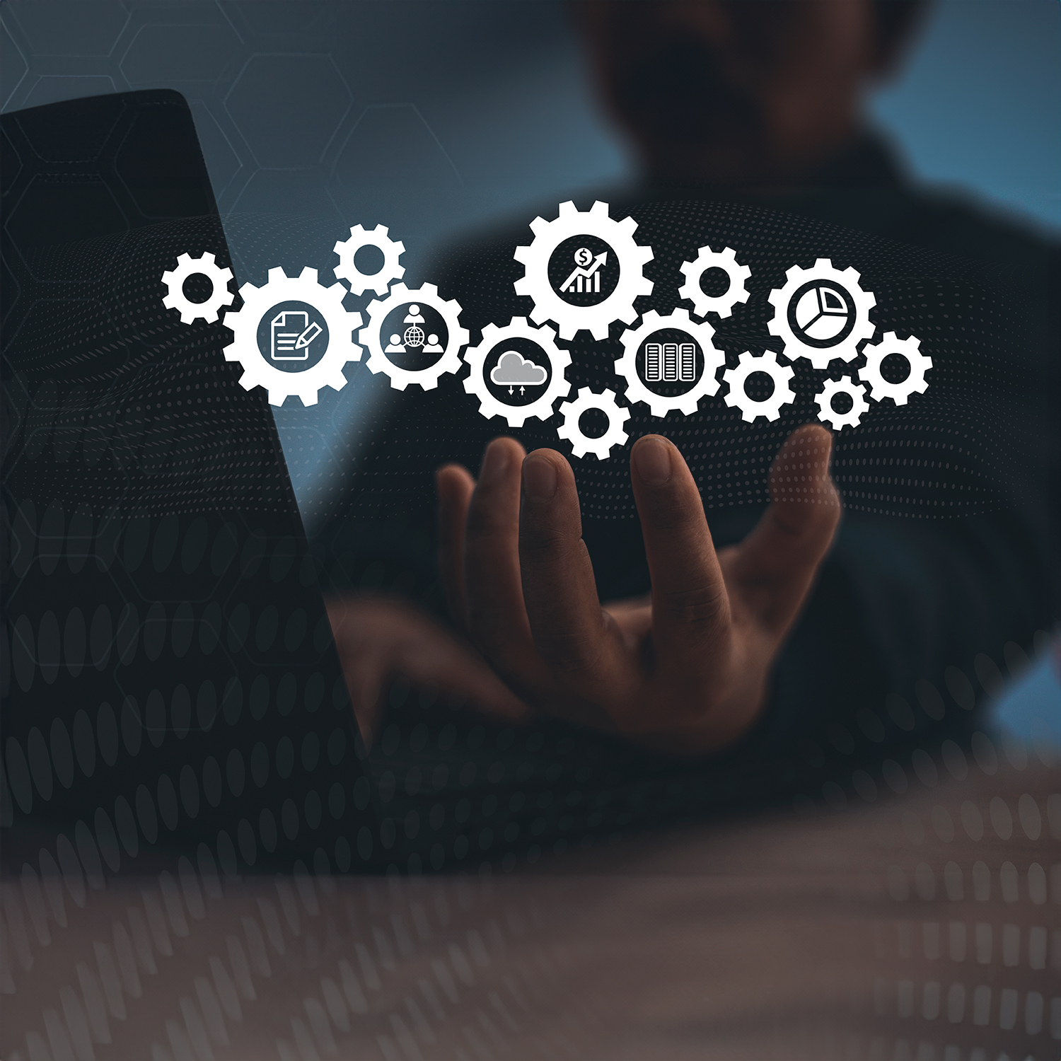 Ícones de engrenagens flutuantes representando processos de automação, tecnologia e dados empresariais.