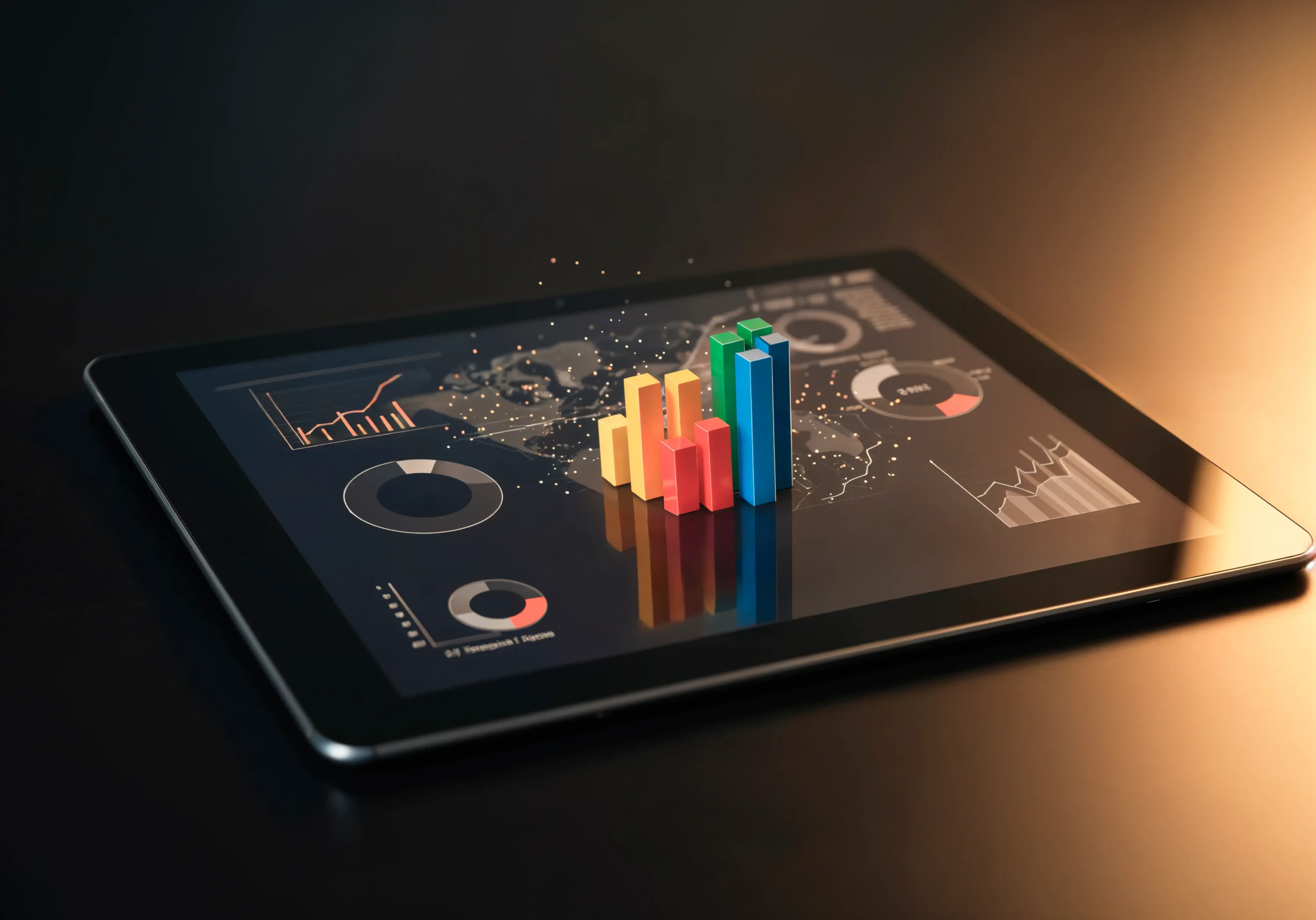 Gráficos coloridos 3D sobre tela de tablet com dashboard de análise de dados.