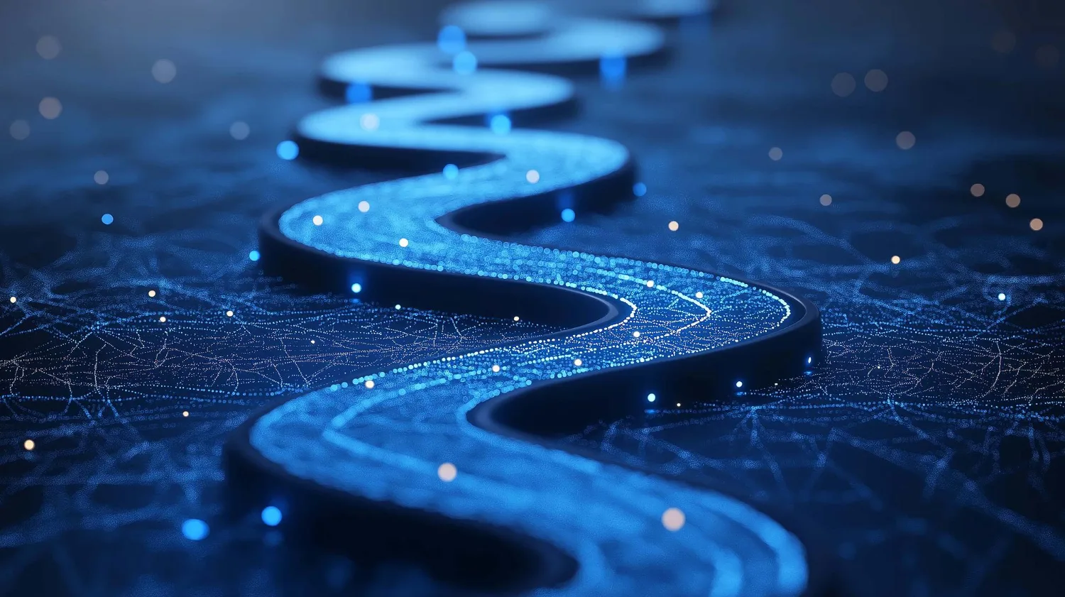 Caminho digital iluminado representando a jornada de evolução e maturidade tecnológica das empresas.