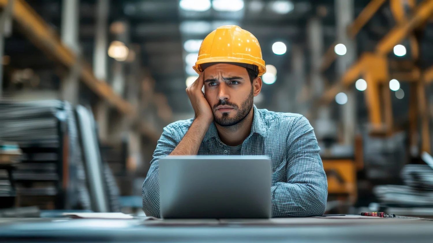 Profissional da indústria analisando resultados no notebook, preocupado com os desafios da operação.