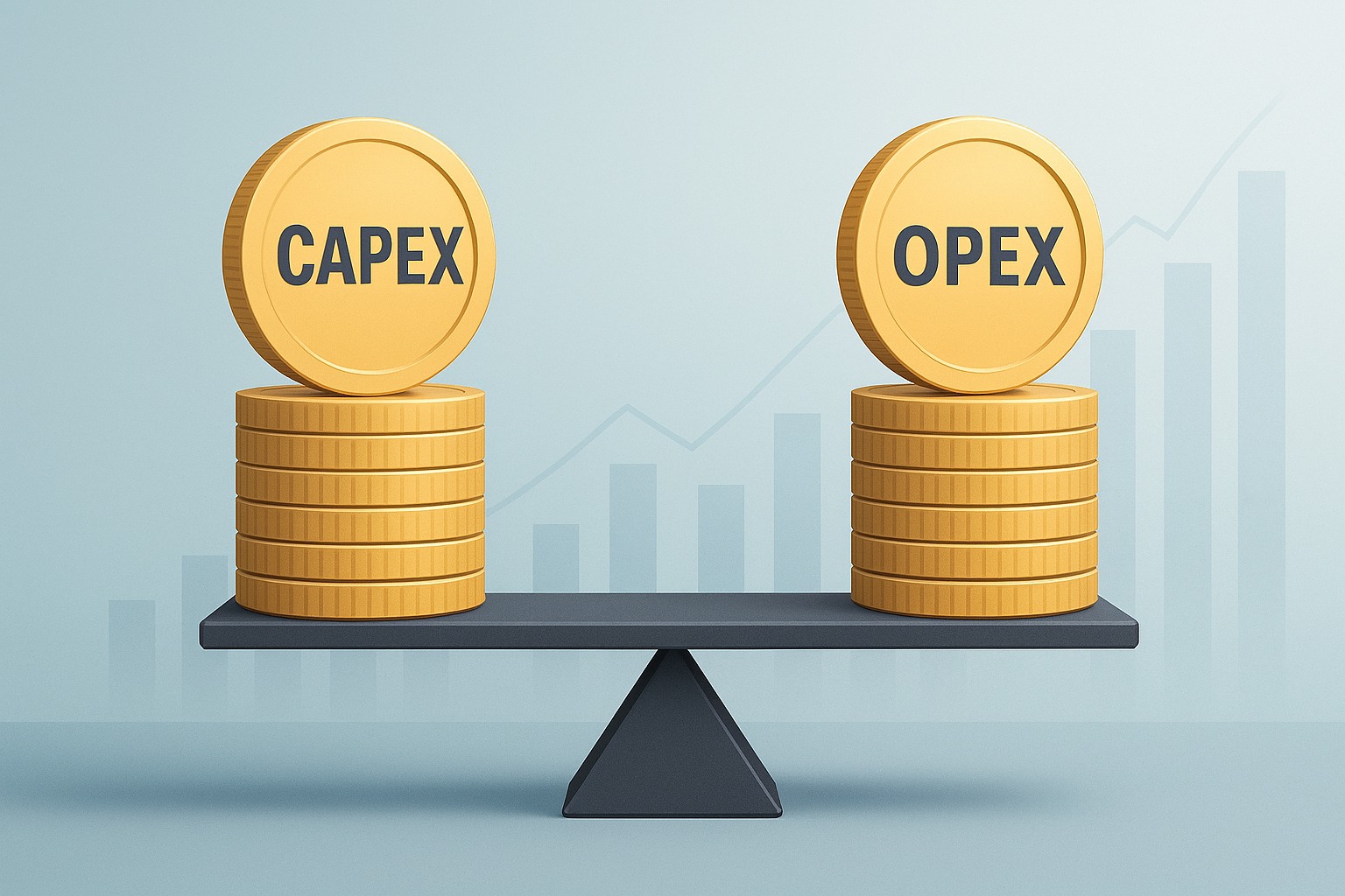 Moedas empilhadas com as palavras CAPEX e OPEX equilibradas em uma balança, representando comparação entre investimentos e despesas operacionais.