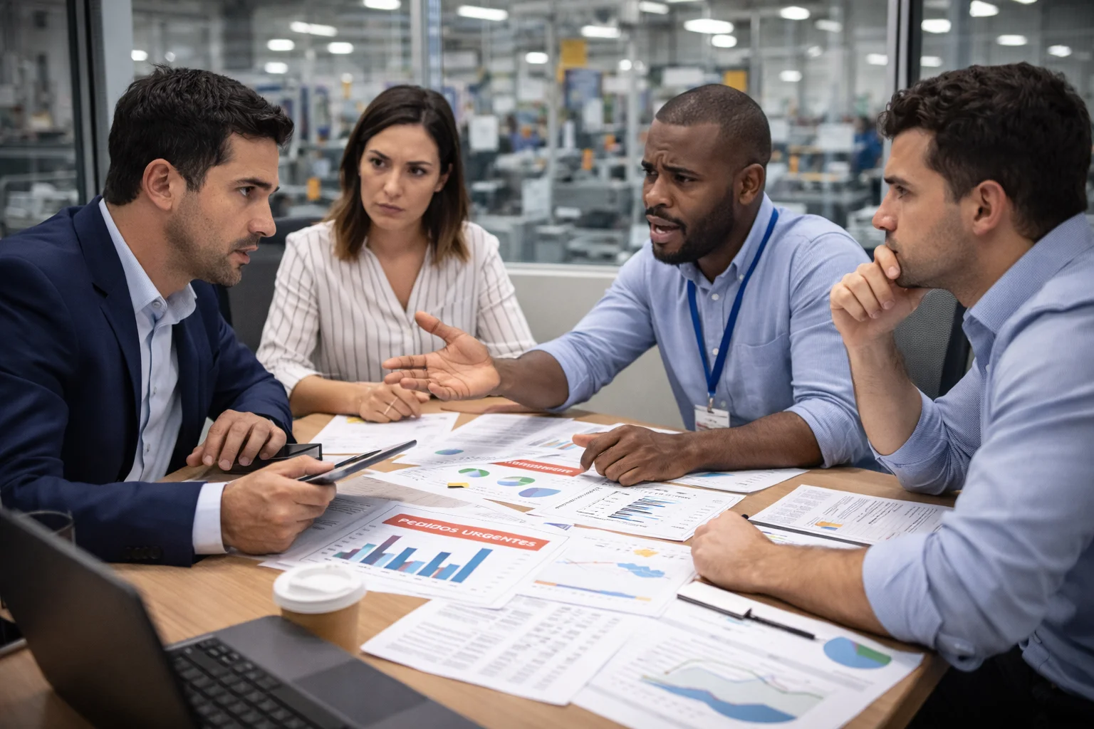 Alinhamento entre Comercial e Produção Equipe de vendas e planejamento discute prioridades em reunião com gráficos de pedidos urgentes e capacidade sobre a mesa, em ambiente industrial.