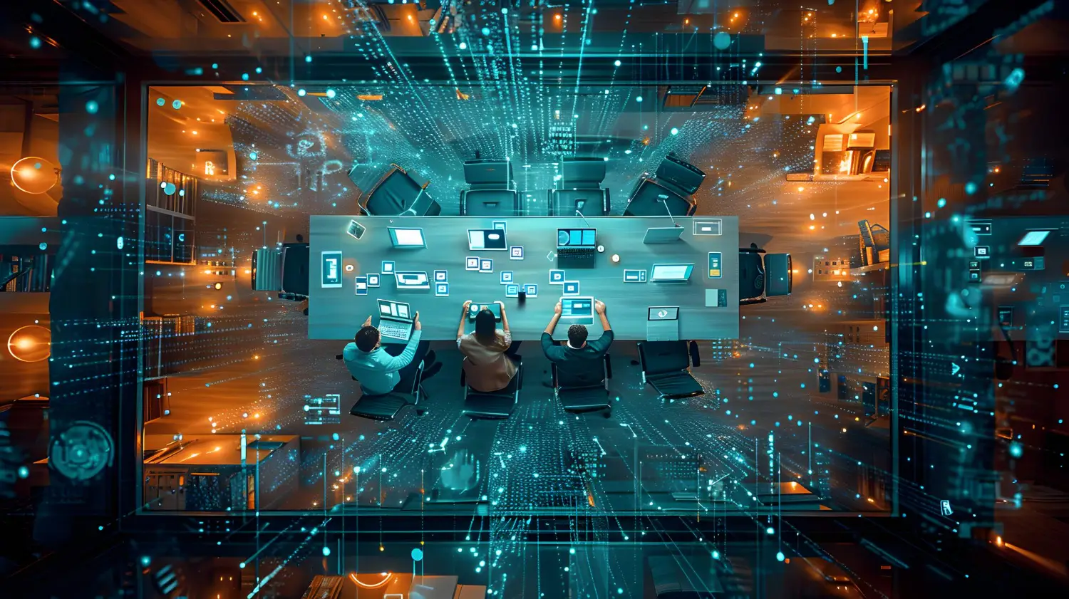 Equipe analisando dados e sistemas digitais em mesa de reunião, representando orquestração de agentes autônomos e gestão baseada em tecnologia.