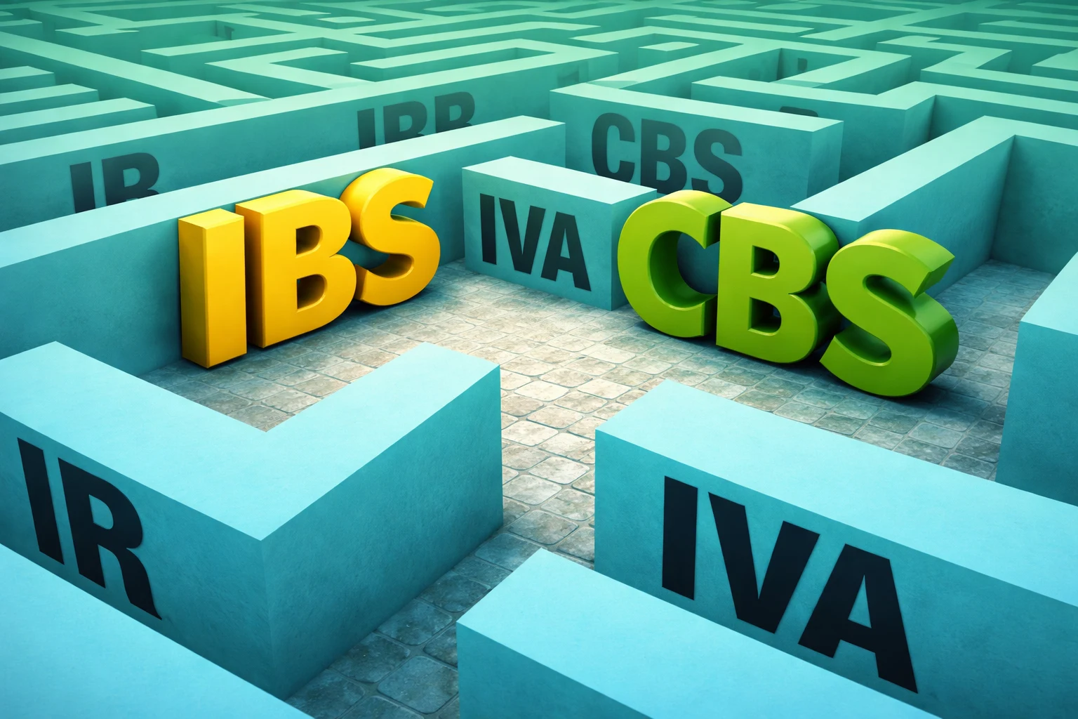 Ilustração representando IBS, IVA e CBS em um labirinto, simbolizando a complexidade da reforma tributária no Brasil.