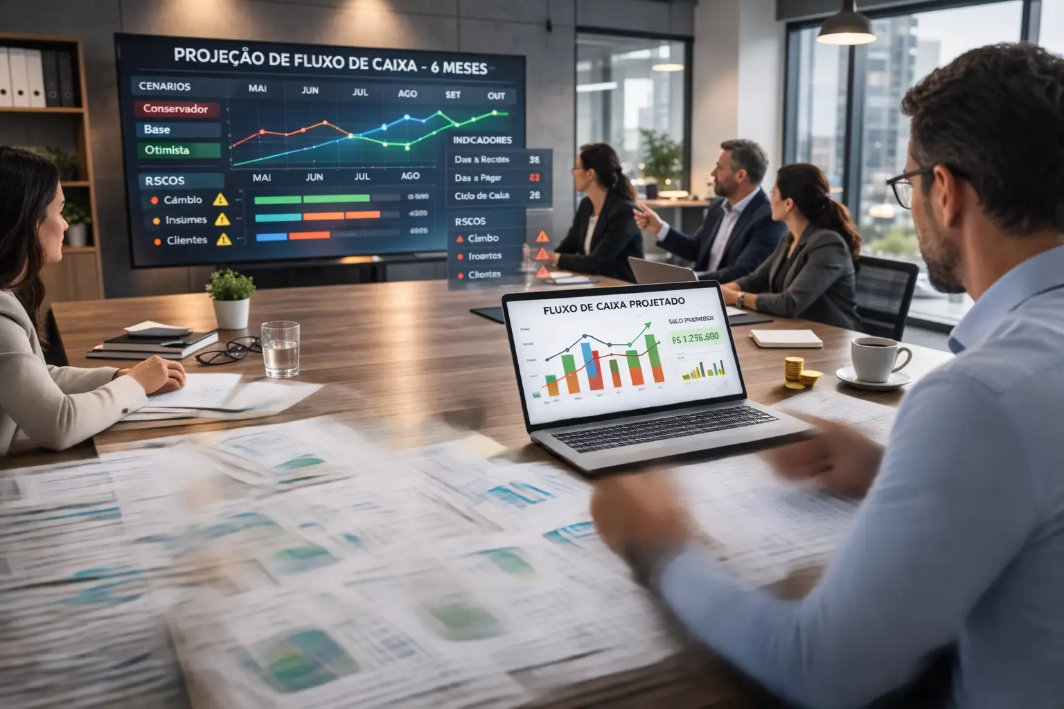 Reunião executiva analisando projeção de fluxo de caixa e cenários financeiros em painel corporativo.