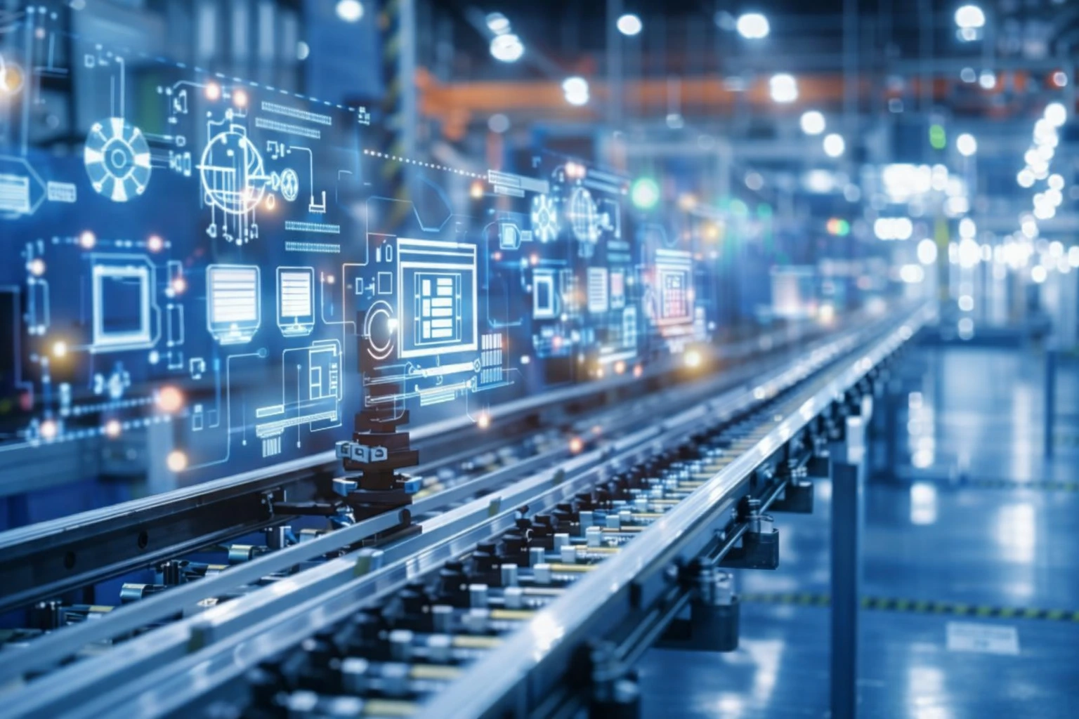 Linha de produção industrial moderna com esteira automatizada e interface digital holográfica representando tecnologia e automação em fábrica.