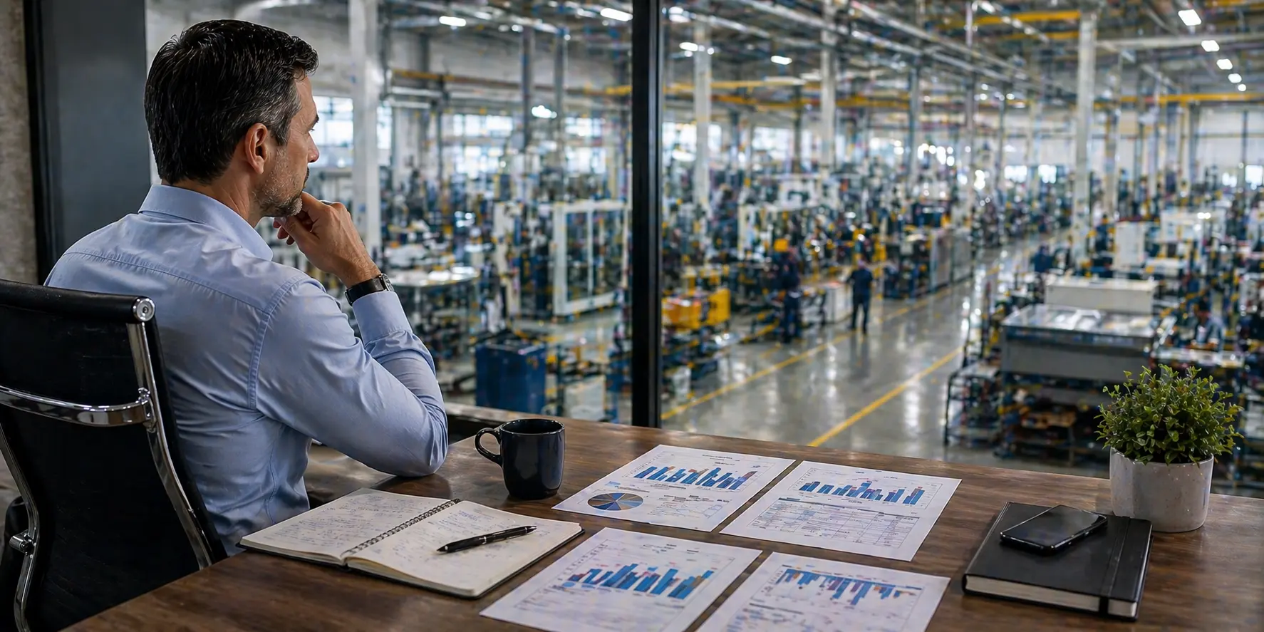 Executivo industrial analisando operação com foco estratégico e tomada de decisão baseada em dados