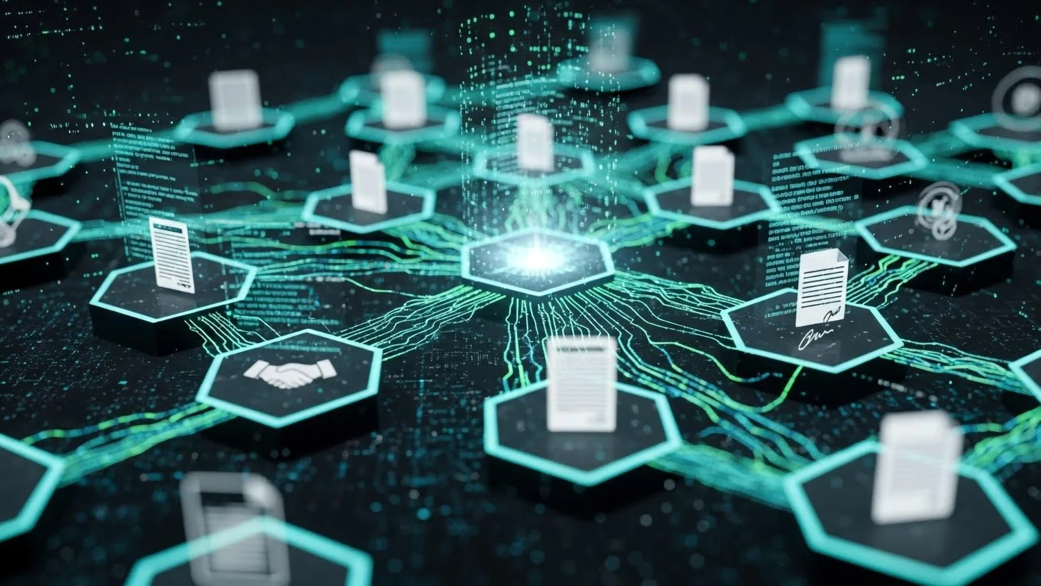Governança de contexto e inteligência agêntica Rede digital conectando múltiplos fluxos de informação e documentos em ambiente tecnológico corporativo