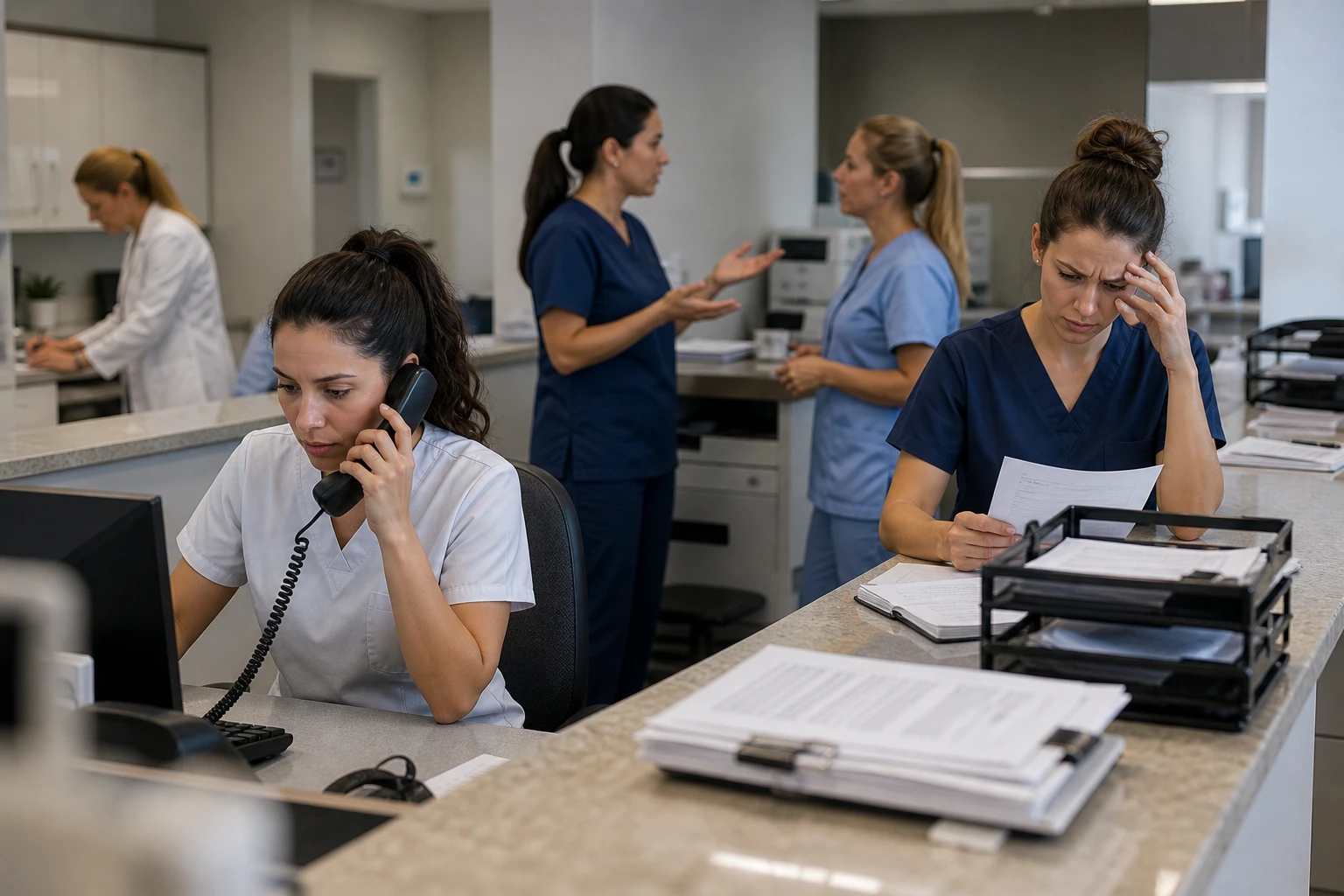 Desalinhamento na operação da clínica Equipe de clínica trabalhando de forma desorganizada com falta de alinhamento e liderança