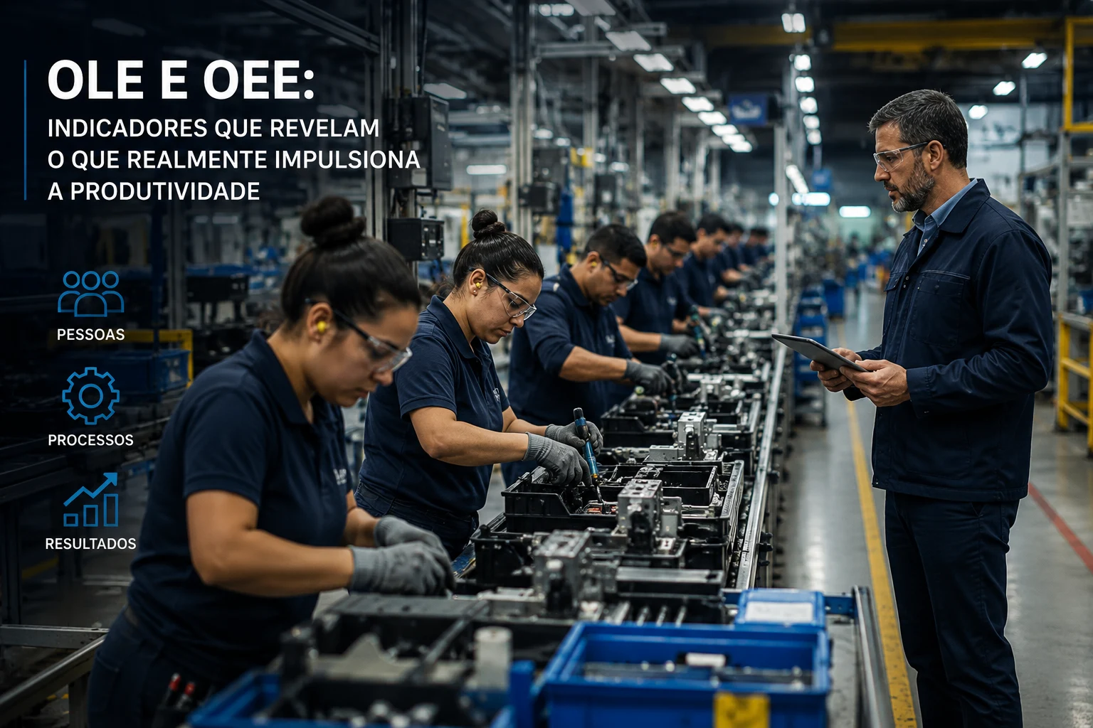 OLE e OEE na análise da produtividade industrial Equipe trabalhando em linha de montagem enquanto gestor acompanha indicadores de OLE, OEE, pessoas, processos e resultados.