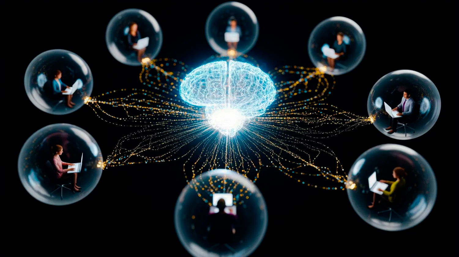 Ecossistemas de inteligência e liderança divergente Profissionais conectados por uma rede de inteligência artificial que representa colaboração e execução paralela.